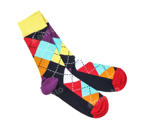 Preview: Colorful socks on white background, top view