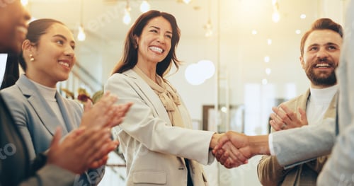 Preview: Applause, meeting and business people with handshake in office, accounting firm and success for b2b