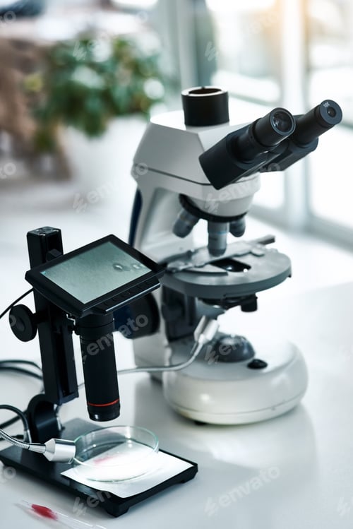 Preview: The equipment you need is ready. Still life shot of two microscopes placed in a laboratory.