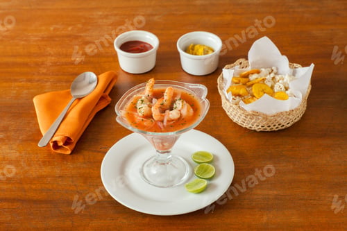 Preview: Shrimp cocktail with lime and plantain chips.