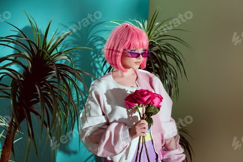 Preview: beautiful fashionable female model in pink wig holding roses and looking away