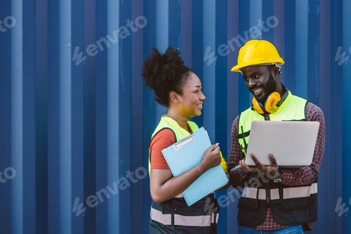 Preview: African American customs team staff worker together shipping port container yard enjoy work happy