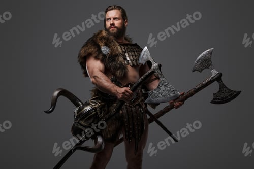 Preview: A fierce bearded Viking warrior in fur and light armor