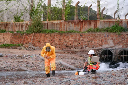 Preview: Environmental field team in protective gear analyzes water samples on a polluted beach.