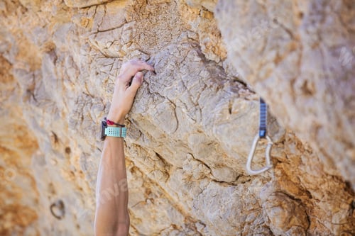 Preview: Closeup of climber's hand on cliff