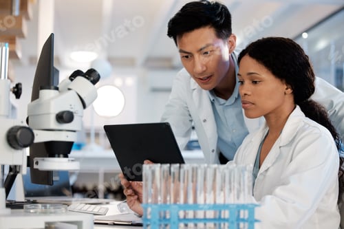 Preview: Two minds are better than one. Shot of two lab techs working together while using a digital tablet.