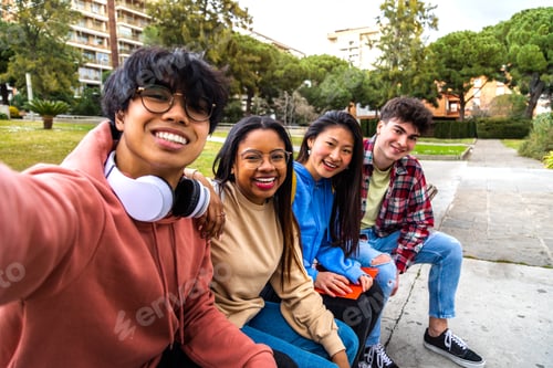 Preview: Multiracial college student friends taking selfie with phone outside. Having fun in park.
