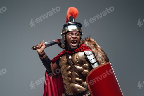 Preview: Violent roman warrior in fight pose with sword