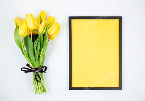 Preview: Decorative empty frame with copy space and bouquet of tulips
