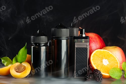 Preview: Vape and smoking liquid with fruit against black background with smoke