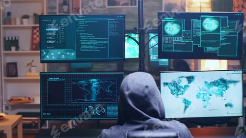 Preview: Back view of cyber terrorist using supercomputer