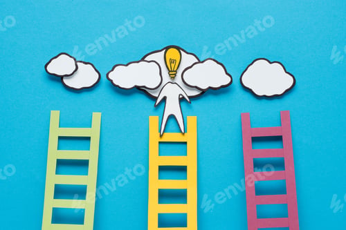 Preview: cardboard man with light bulb head climbing one of three ladders on blue background, ideas concept