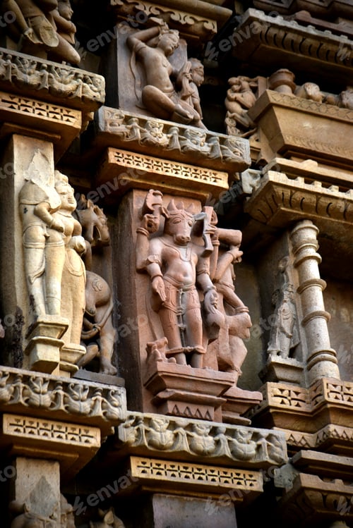 Preview: Stone carving sculptures on Khajuraho Temple, a UNESCO world Heritage site, India.
