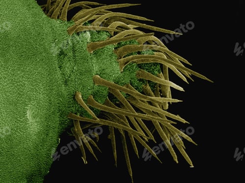 Vista previa: SEM coloreada de pelos urticantes en oruga saddleback (Acharia sp., Limacodidae)