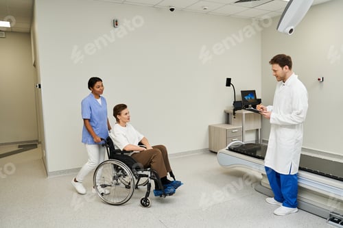 Preview: Healthcare professionals prepare female patient for MRI scan in a modern setting