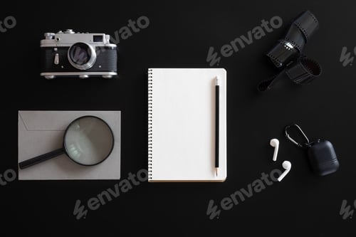 Preview: Retro composition with blank notepad on black, flat lay, minimalism.