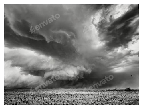 Preview: A gathering storm, threatening skies, shapes in the air, black and white image.