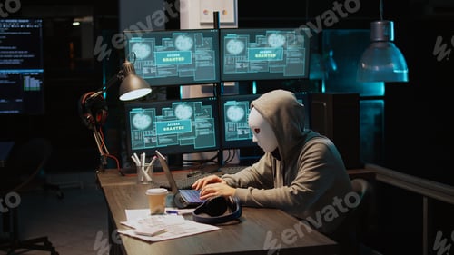 Preview: Masked criminal hacking computer server at night