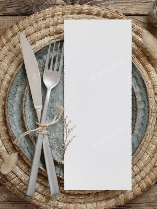 Preview: Blank paper card on plates with dried plants