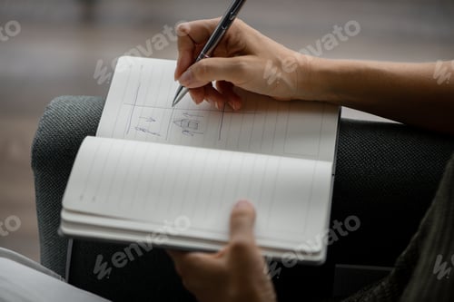 Preview: Business woman. A girl with a diary and a laptop. Girl's hands