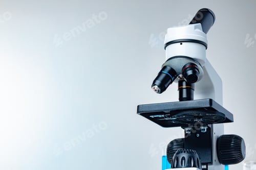 Preview: Scientific microscope lenses close up. Laboratory equipment