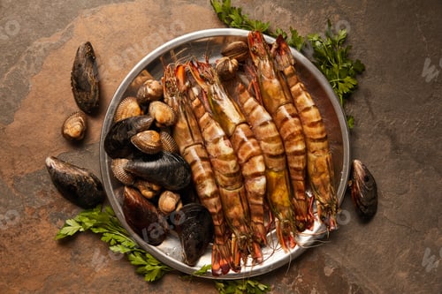 Preview: top view of shellfish, cockles and mussels with greenery in bowl on textured surface