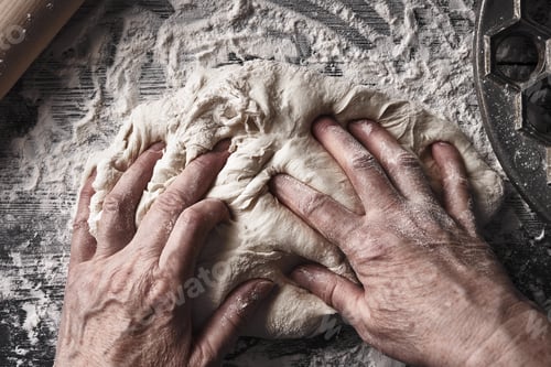 Preview: Cooking dough by elderly woman cook hands for homemade pastry bread, pizza, pasta recipe preparation