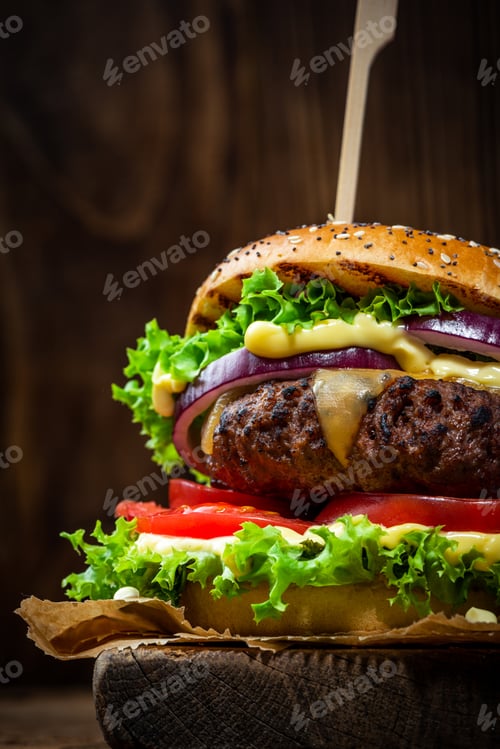Preview: Burger Close Up View on Wooden Background