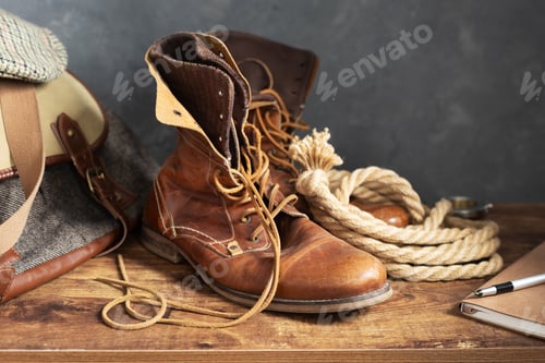 Preview: travel vintage old boots shoes at wooden desk table
