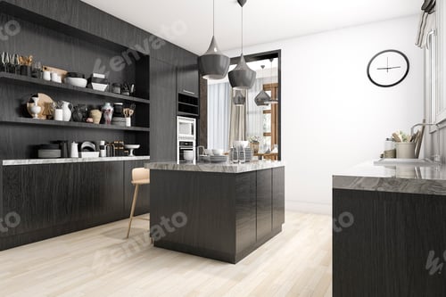Preview: 3d rendering scandinavian kitchen with white and black design