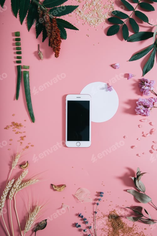 Preview: White phone with a clear screen and white circle shape in flowers on pink background.