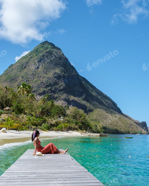 Preview: young Asian women on the beach at vacation Saint Lucia, luxury holiday Saint Lucia Caribbean