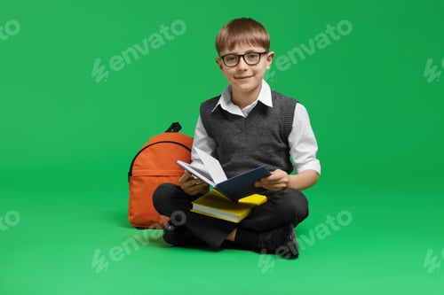 Preview: Cute schoolboy with backpack and books on green background
