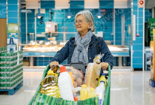 Preview: Senior Woman with Eyeglasses Pushing a Shopping Cart in the Supermarket Making Purchases