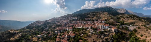 Preview: Arachova Greece mountain town aerial panorama, Boeotia. Tourist resort