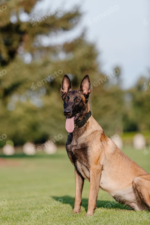 Preview: Belgian Shepherd Malinois running on the grass. Summertime. Happy dog on the walk