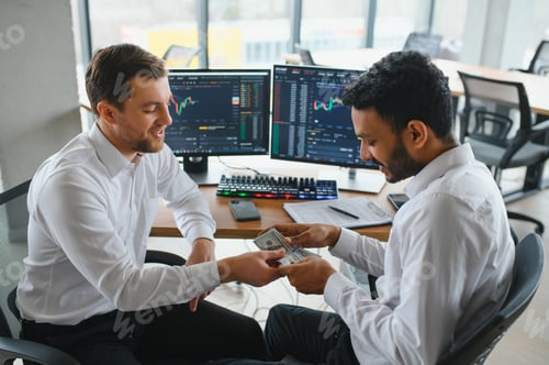 Preview: Two men traders sitting at desk at office together monitoring stocks data candle charts