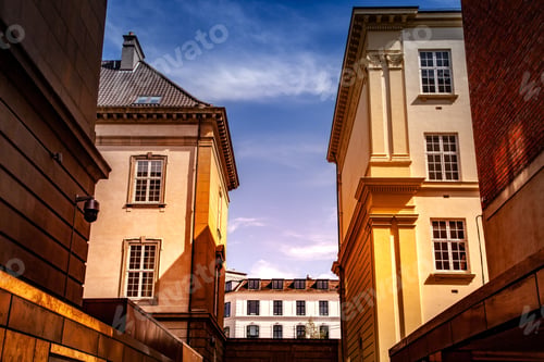 Preview: Urban scene with buildings and blue cloudy sky in Copenhagen, denmark