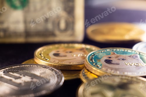 Preview: Concept of a cryptocurrency with golden coins on a black surface