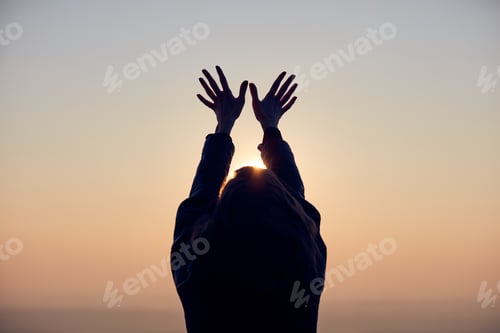 Preview: Woman With Arms Wide Open Enjoying The Sunrise / Sunset Time.