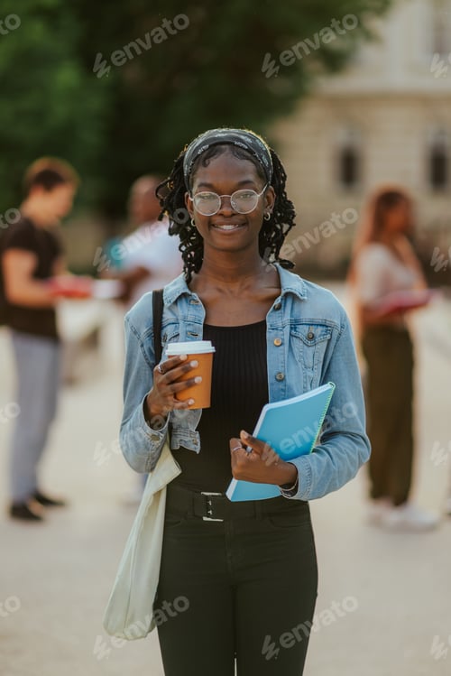 Preview: Young diverse happy student at college campus smiling at camera.
