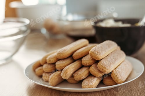 Preview: Ingredients for cooking tiramisu. Savoiardi biscuit cookies, mascarpone, cream, sugar