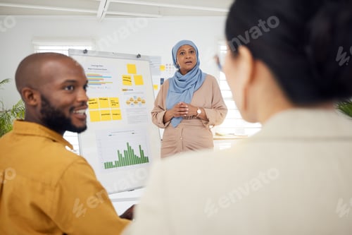 Preview: Woman, coaching and whiteboard in team presentation, strategy or group meeting at the office. Creat