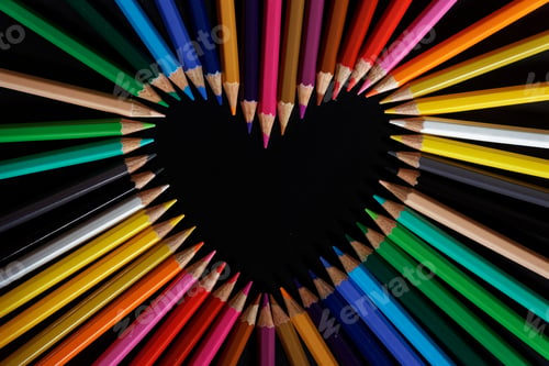 Preview: Beautiful top view of a bunch of pencils making a heart shape with a black background