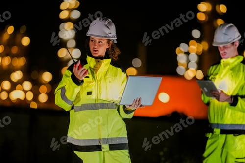 Preview: industrial workers in high-visibility gear coordinate using radios and a laptop at night
