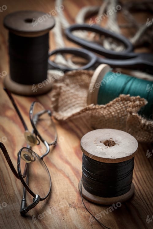 Preview: Old sewing kit and supplies.