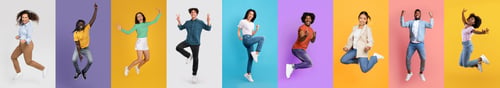 Preview: Group of Energetic People Jumping Against Multicolored Backgrounds