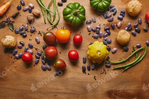 Preview: Whole food template with natural vegetables on wooden table