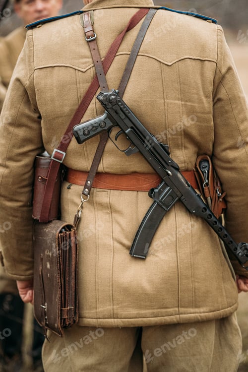 Preview: Re-enactor Dressed As Russian Soviet Infantry Soldier Of World War II With Sub-machine Gun Weapon