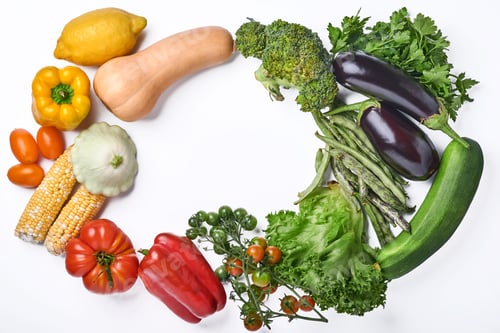 Preview: Assortment of fresh fruits and organic multicolored rainbow vegetables on white background Food cook